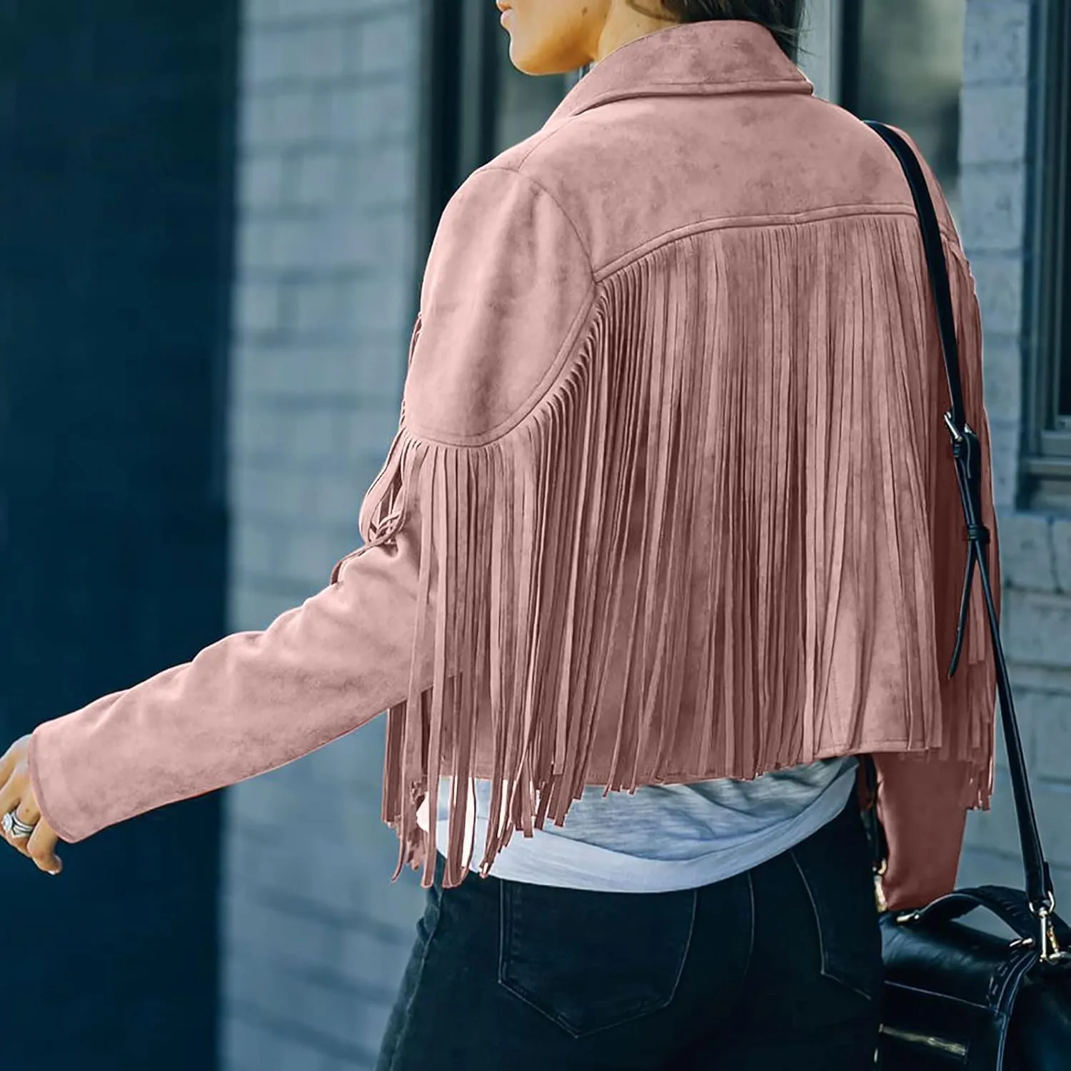 Womens Fringe Faux Suede Leather Jackets Fashion Tassel Motorcycle Cropped Coats Hippie Boyfriend Outwear Moto Coat
