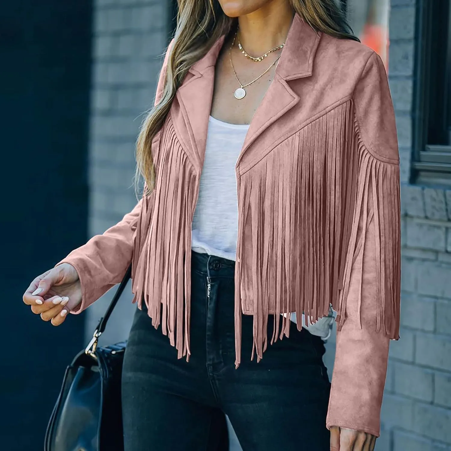 Womens Fringe Faux Suede Leather Jackets Fashion Tassel Motorcycle Cropped Coats Hippie Boyfriend Outwear Moto Coat