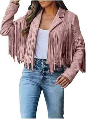 Womens Fringe Faux Suede Leather Jackets Fashion Tassel Motorcycle Cropped Coats Hippie Boyfriend Outwear Moto Coat