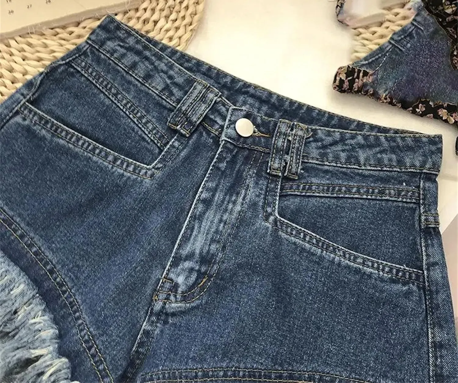 Women's High Waist Tassel Denim Shorts Ruffled Fringe Perforated Hot Pants