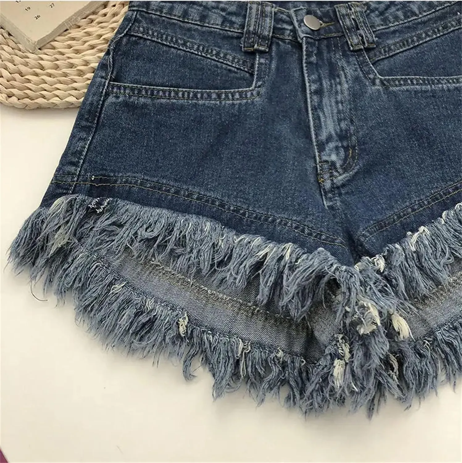 Women's High Waist Tassel Denim Shorts Ruffled Fringe Perforated Hot Pants