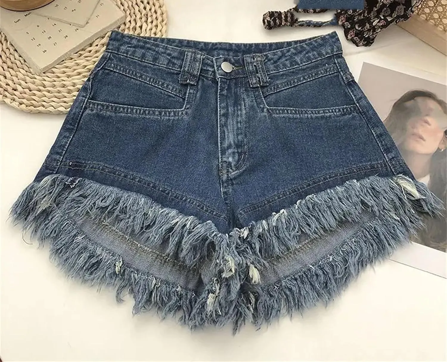 Women's High Waist Tassel Denim Shorts Ruffled Fringe Perforated Hot Pants