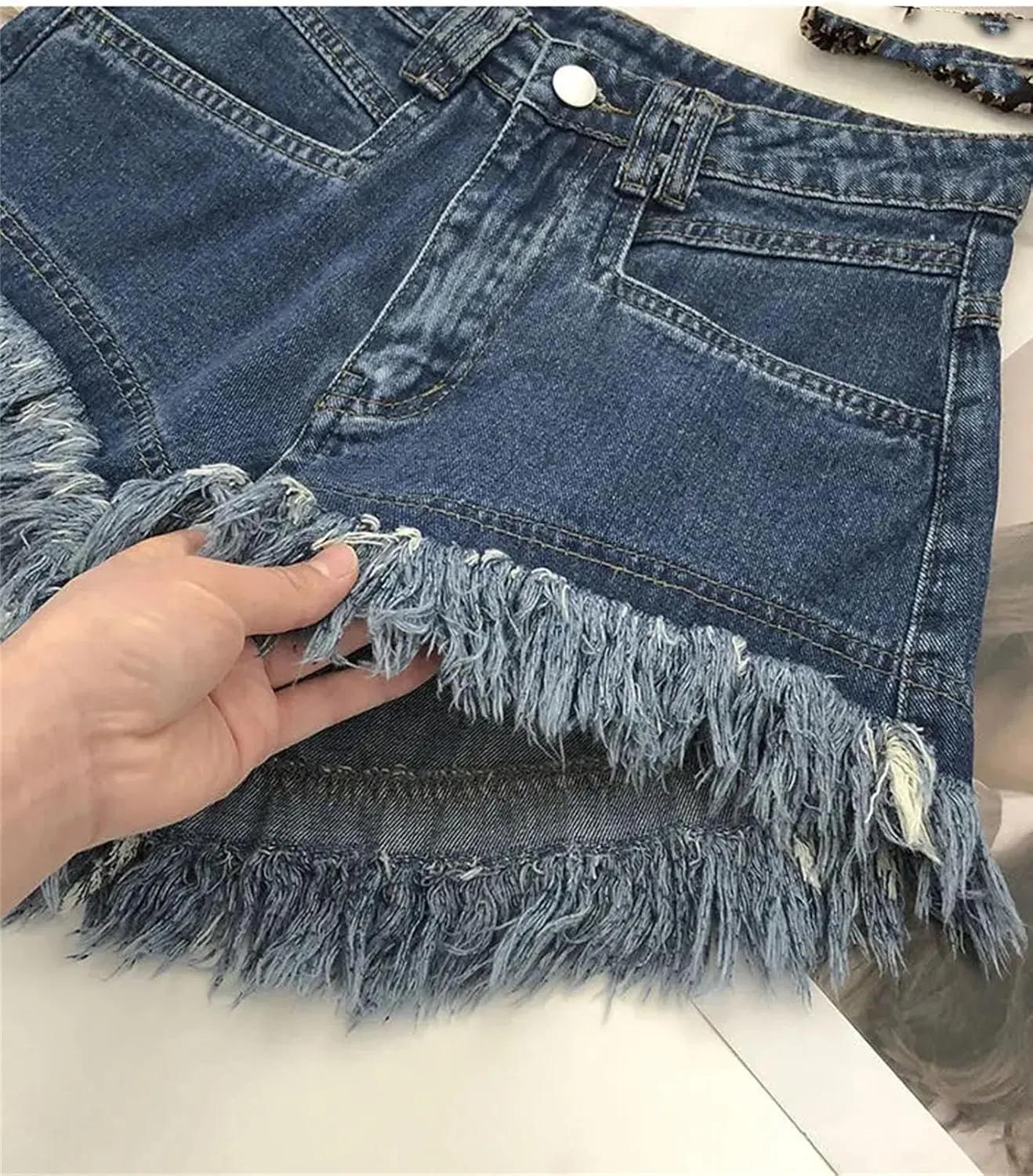 Women's High Waist Tassel Denim Shorts Ruffled Fringe Perforated Hot Pants