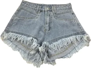 Women's High Waist Tassel Denim Shorts Ruffled Fringe Perforated Hot Pants