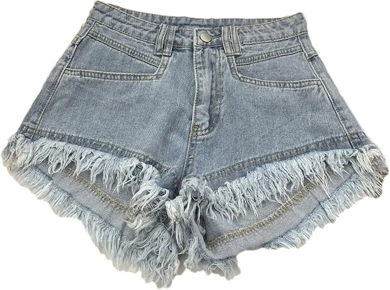 Women's High Waist Tassel Denim Shorts Ruffled Fringe Perforated Hot Pants