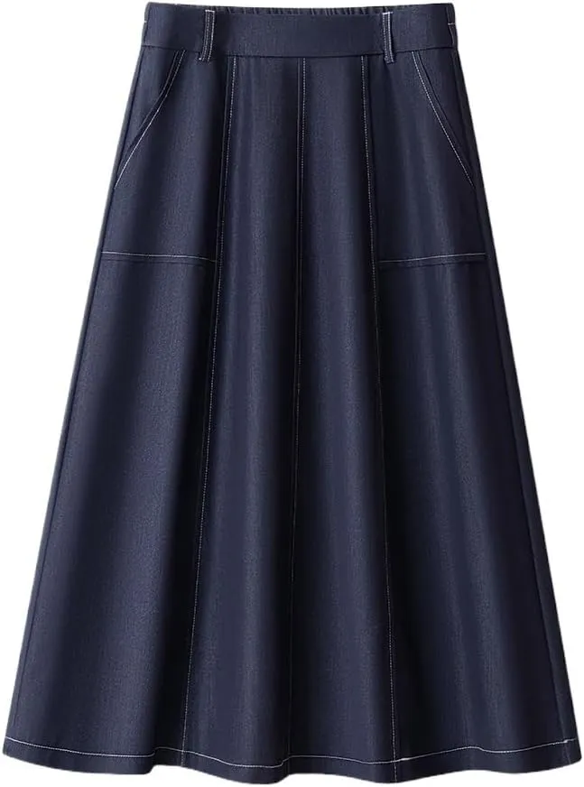 Women's High-Waisted Color-Blocked Embroidered Denim A-Line Skirt - Plus Size Midi Skirt with Pleated Design