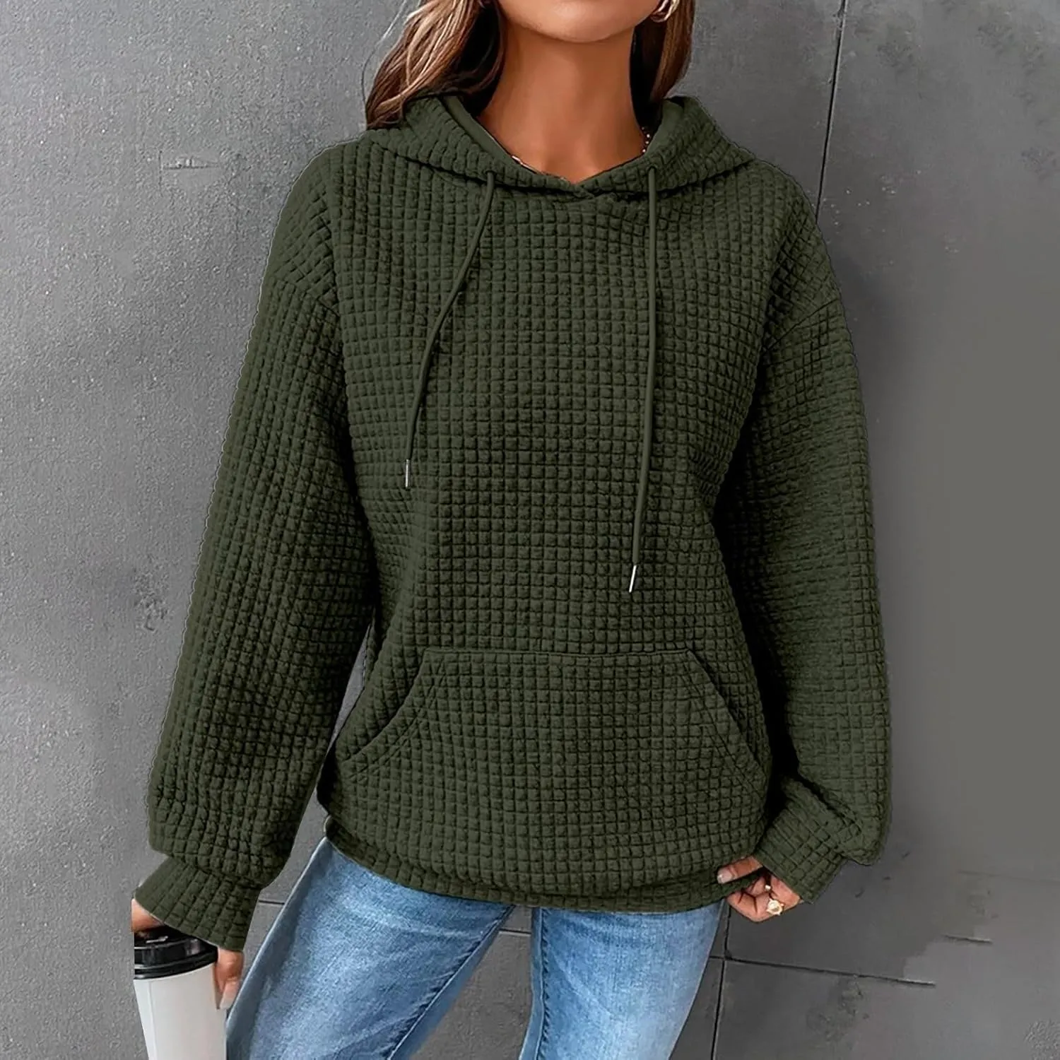 Womens Hoodies Fall Winter Waffle Knit Drawstring Cute Sweatshirts with Pocket Trendy Pullover
