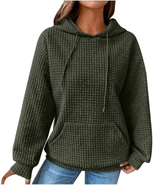 Womens Hoodies Fall Winter Waffle Knit Drawstring Cute Sweatshirts with Pocket Trendy Pullover