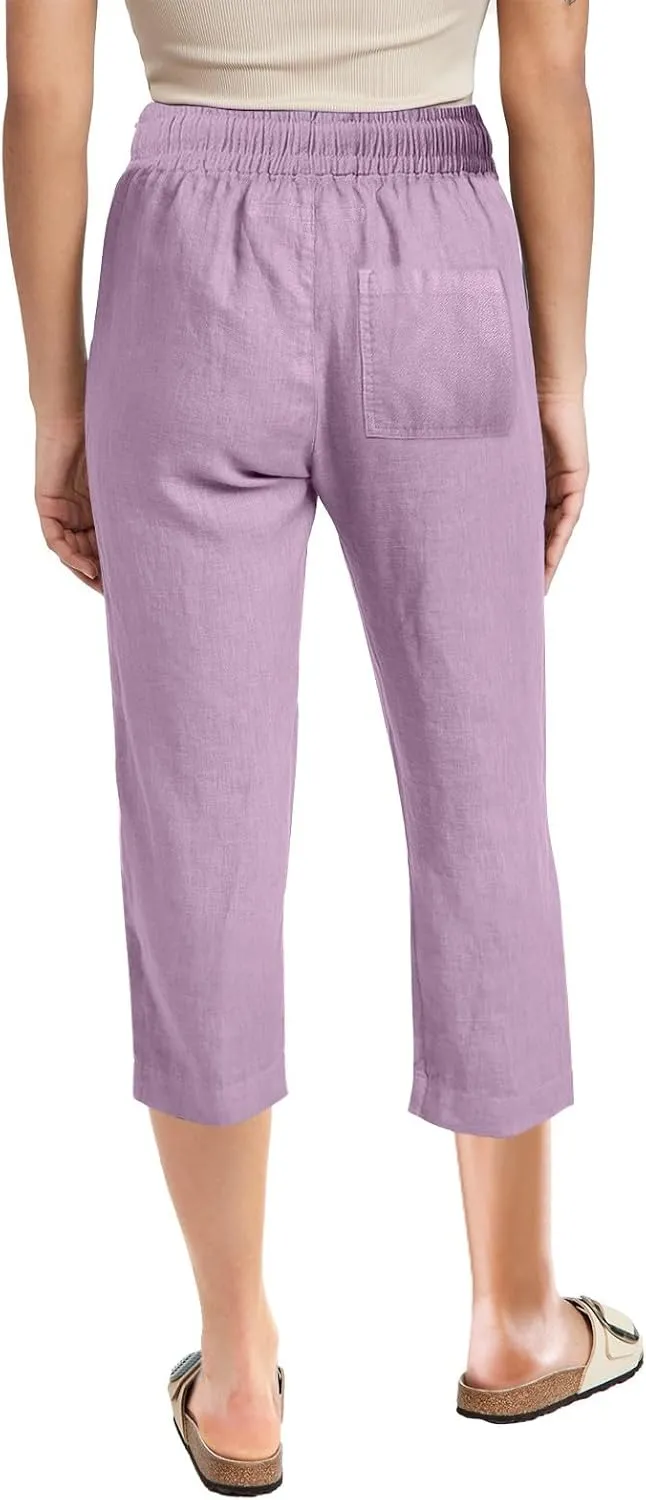 Women's Linen Pants Drawstring Elastic High Waist Capri Pants Summer Casual Wide Leg Plus Size Trousers with Pocket