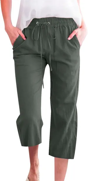 Women's Linen Pants Drawstring Elastic High Waist Capri Pants Summer Casual Wide Leg Plus Size Trousers with Pocket