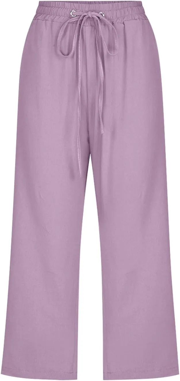 Women's Linen Pants Drawstring Elastic High Waist Capri Pants Summer Casual Wide Leg Plus Size Trousers with Pocket