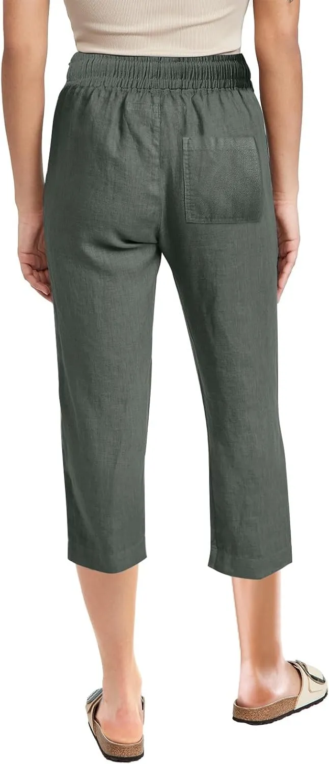 Women's Linen Pants Drawstring Elastic High Waist Capri Pants Summer Casual Wide Leg Plus Size Trousers with Pocket