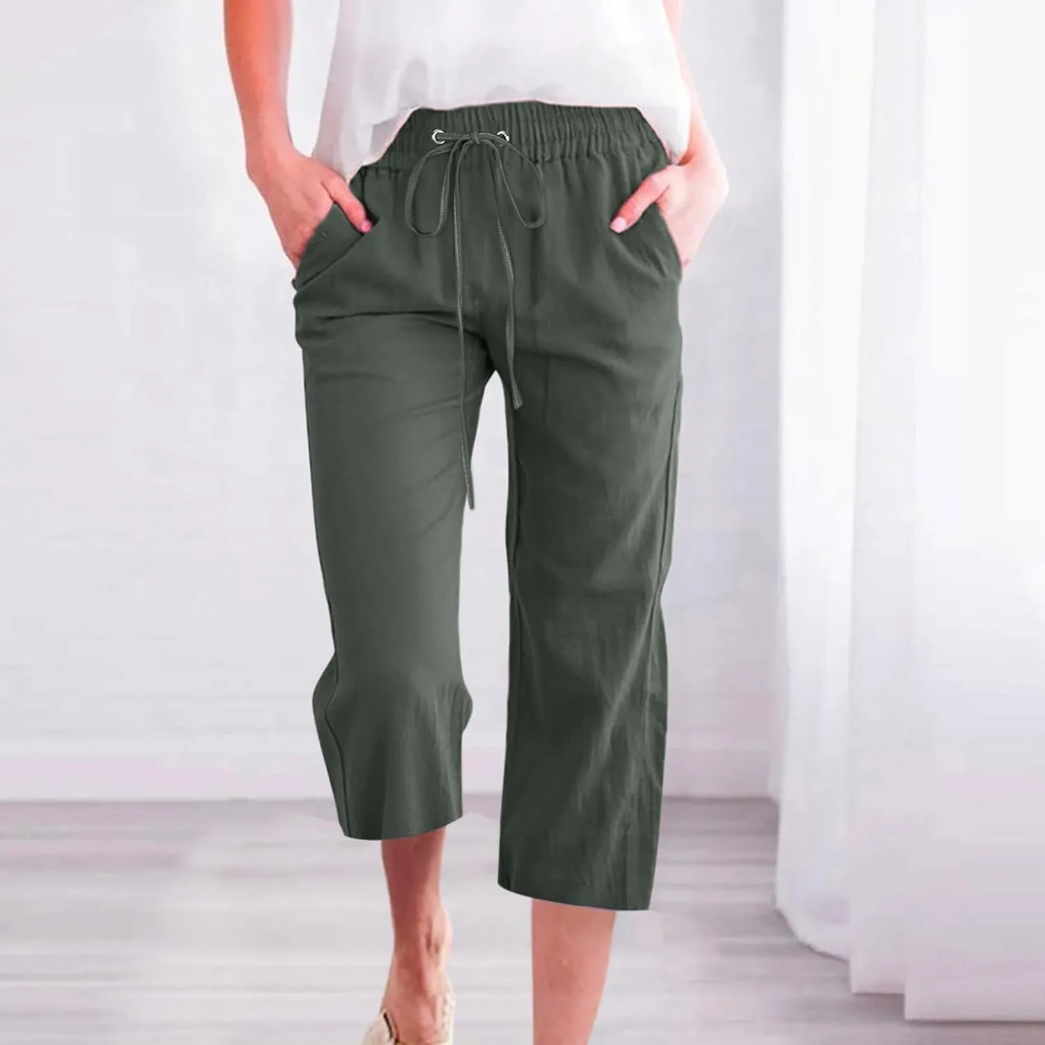 Women's Linen Pants Drawstring Elastic High Waist Capri Pants Summer Casual Wide Leg Plus Size Trousers with Pocket