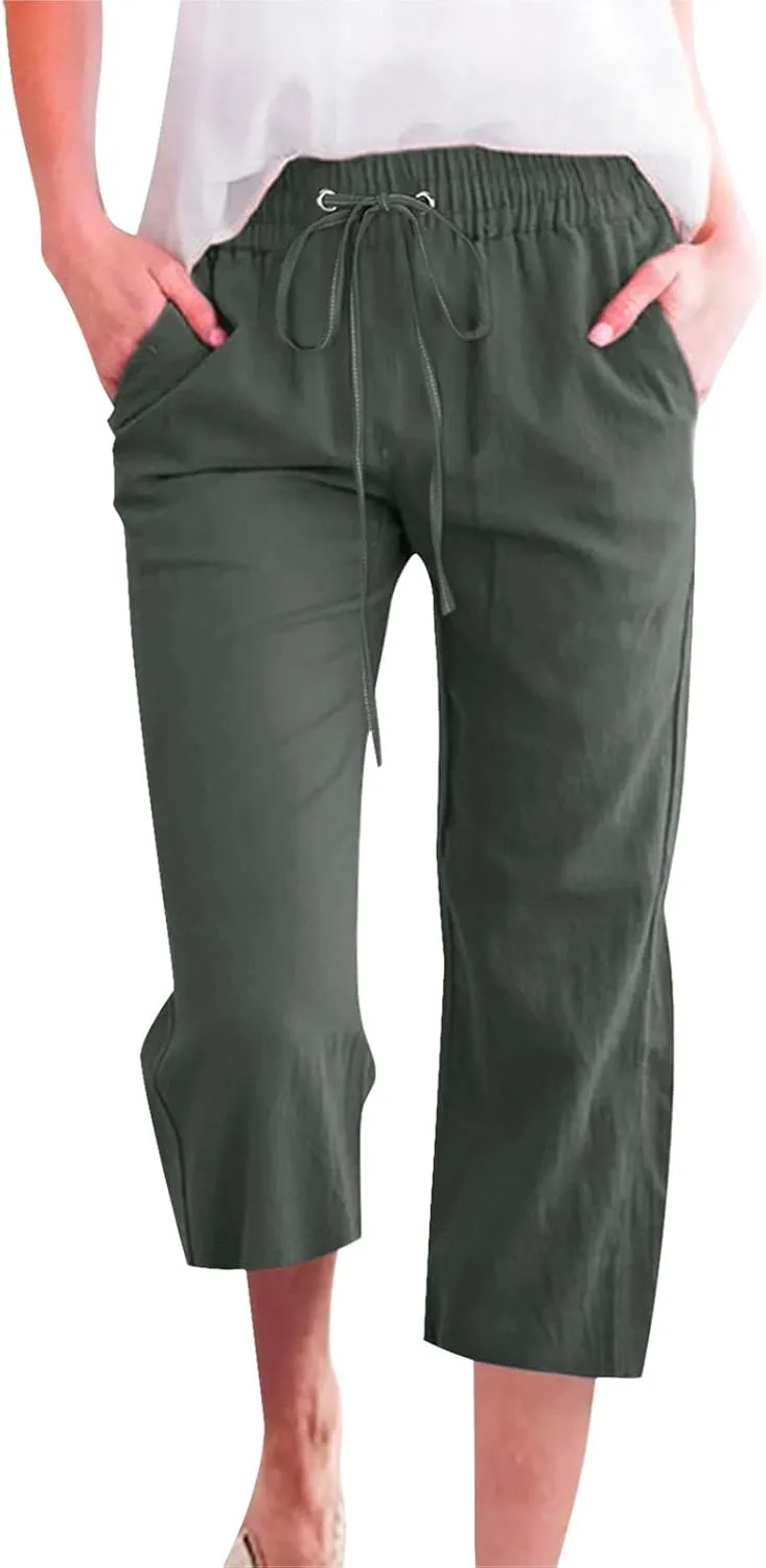 Women's Linen Pants Drawstring Elastic High Waist Capri Pants Summer Casual Wide Leg Plus Size Trousers with Pocket