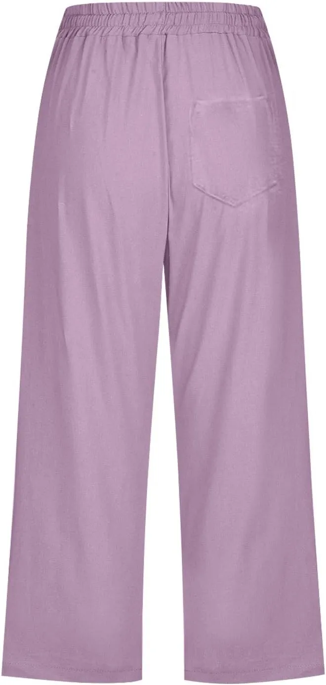 Women's Linen Pants Drawstring Elastic High Waist Capri Pants Summer Casual Wide Leg Plus Size Trousers with Pocket