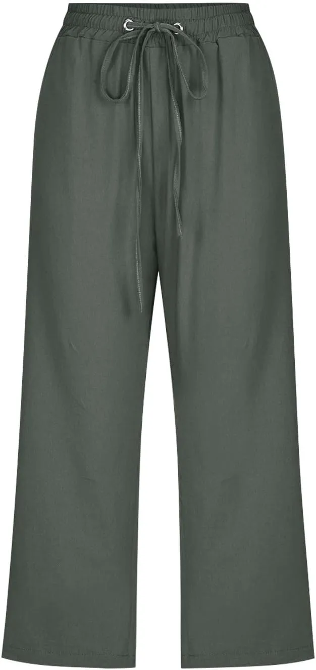 Women's Linen Pants Drawstring Elastic High Waist Capri Pants Summer Casual Wide Leg Plus Size Trousers with Pocket