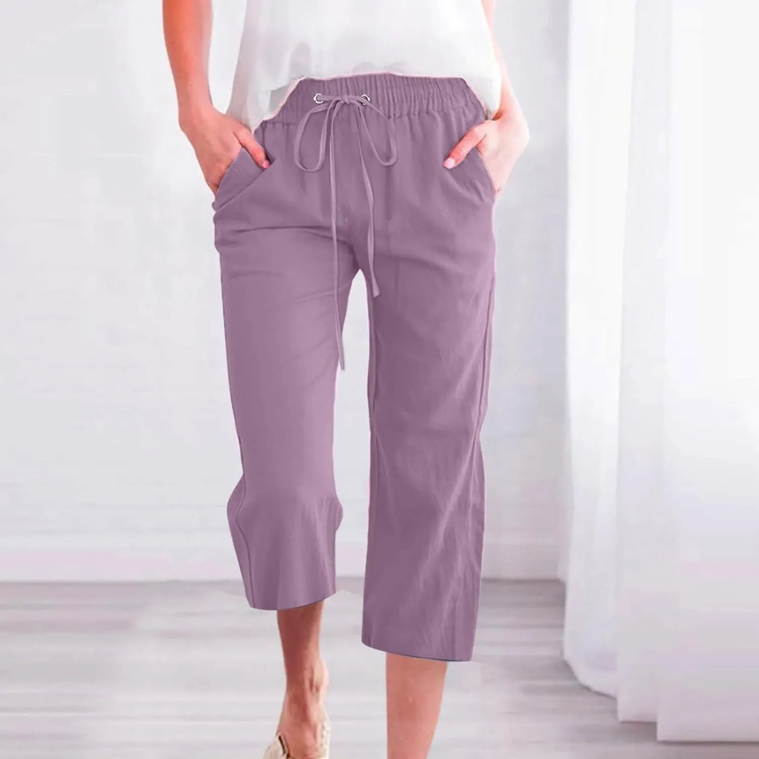 Women's Linen Pants Drawstring Elastic High Waist Capri Pants Summer Casual Wide Leg Plus Size Trousers with Pocket
