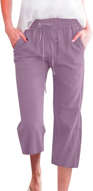 Women's Linen Pants Drawstring Elastic High Waist Capri Pants Summer Casual Wide Leg Plus Size Trousers with Pocket