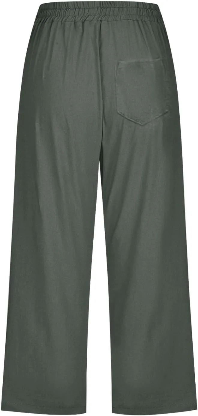 Women's Linen Pants Drawstring Elastic High Waist Capri Pants Summer Casual Wide Leg Plus Size Trousers with Pocket