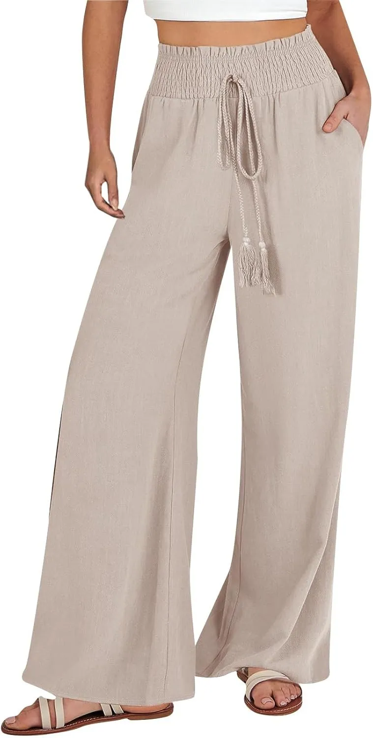 Women's Linen Summer Floral Pant Trousers High Waist Bootcut Loose Fit Palazzo Pants Office