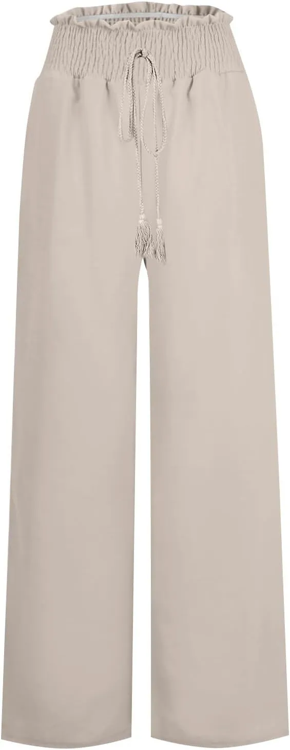 Women's Linen Summer Floral Pant Trousers High Waist Bootcut Loose Fit Palazzo Pants Office