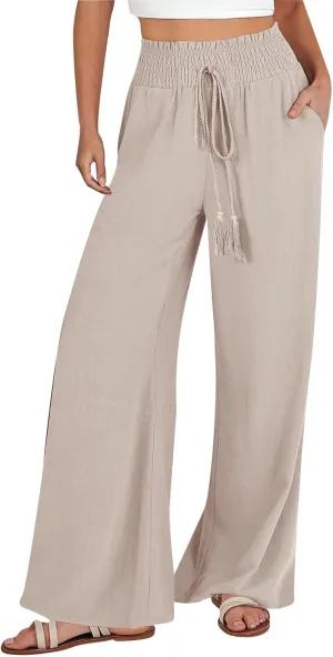Women's Linen Summer Floral Pant Trousers High Waist Bootcut Loose Fit Palazzo Pants Office