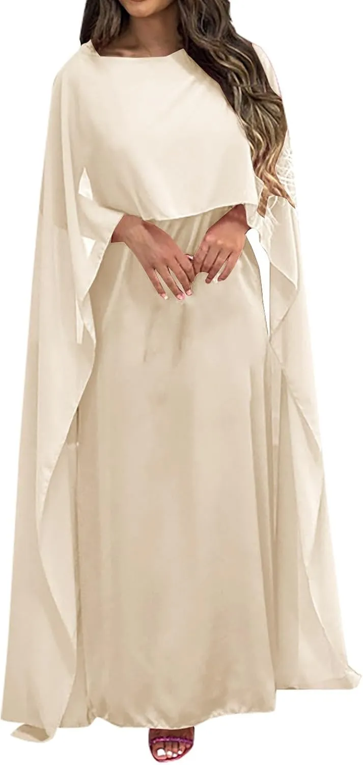 Women's Muslim Chiffon Dress Round Neck Loose Swing Middle Eastern Robe Maxi Long Dresses Fashion Bat Sleeves Dress