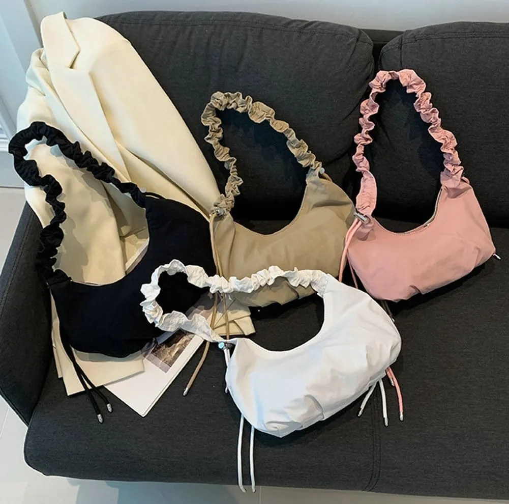 Women's Nylon Shoulder Crossbody Bag Quilted Dumpling Hobo Totes Handbag Y2K Pleated Crescent Purse with Drawstring