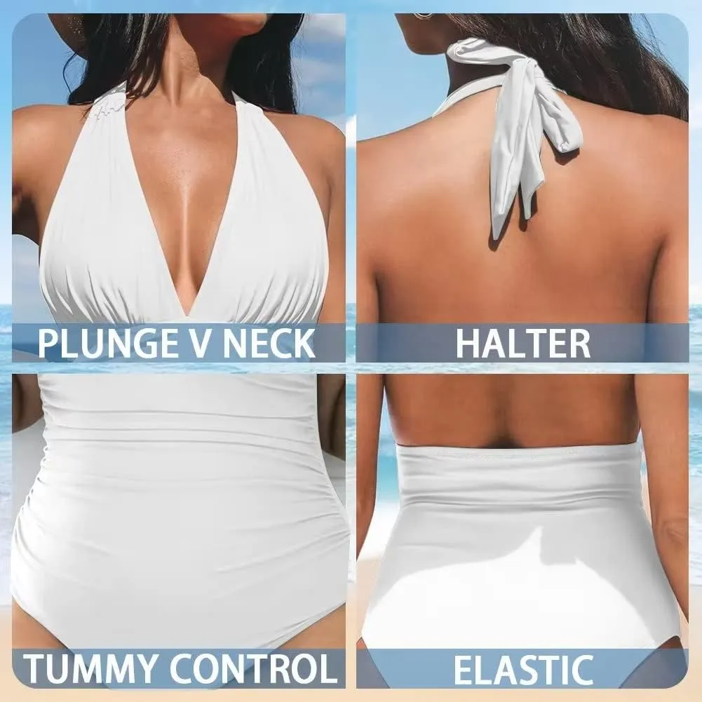 Women's One Piece Swimsuit Tummy Control V Neck Backless Bathing Suit Casual Slimming Swimwear