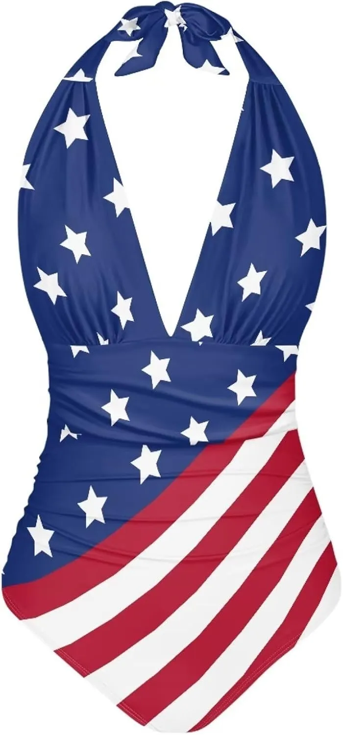 Women's One Piece Swimsuit Tummy Control V Neck Backless Bathing Suit Casual Slimming Swimwear