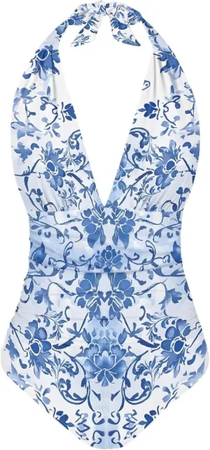 Women's One Piece Swimsuit Tummy Control V Neck Backless Bathing Suit Casual Slimming Swimwear