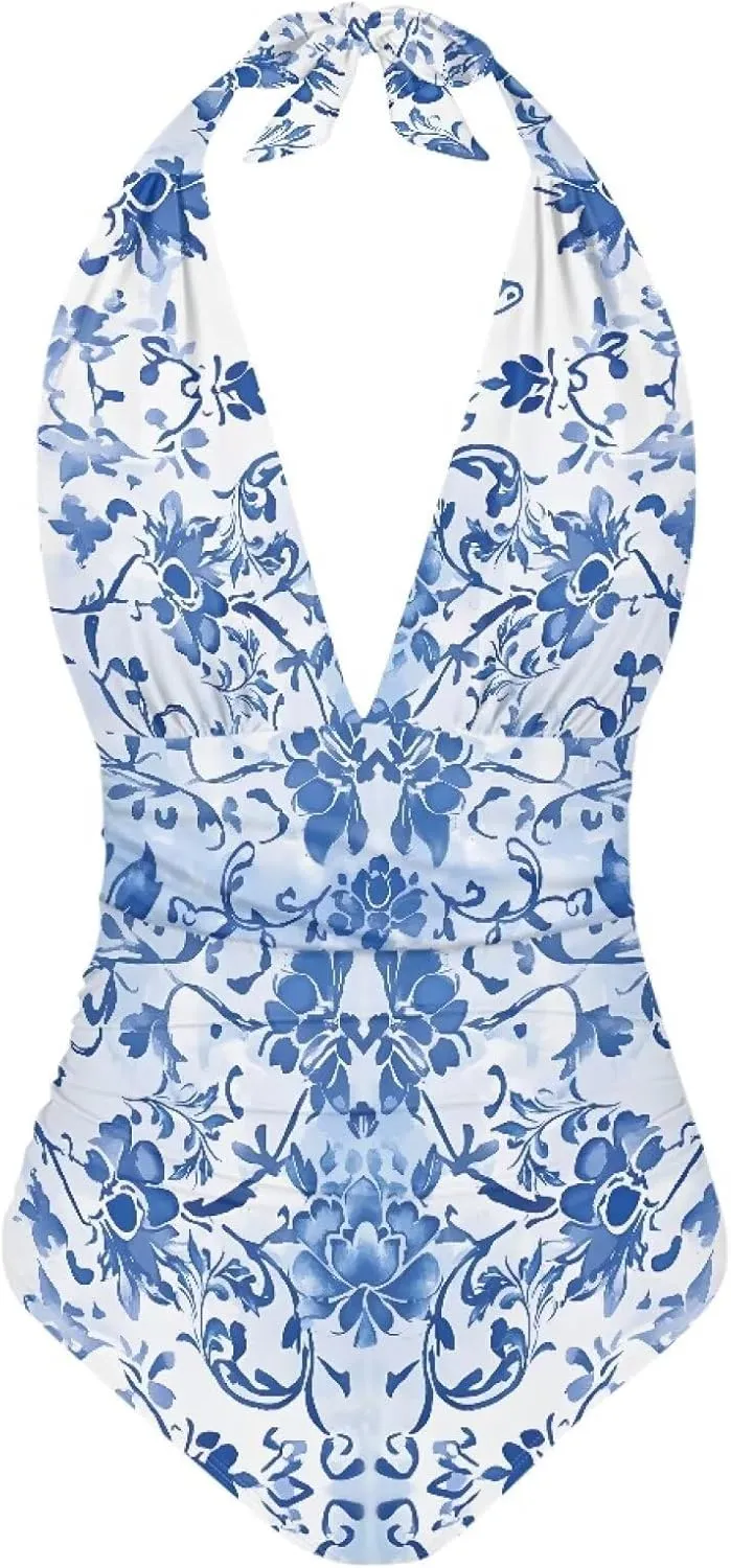 Women's One Piece Swimsuit Tummy Control V Neck Backless Bathing Suit Casual Slimming Swimwear