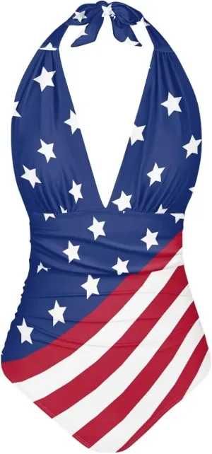 Women's One Piece Swimsuit Tummy Control V Neck Backless Bathing Suit Casual Slimming Swimwear