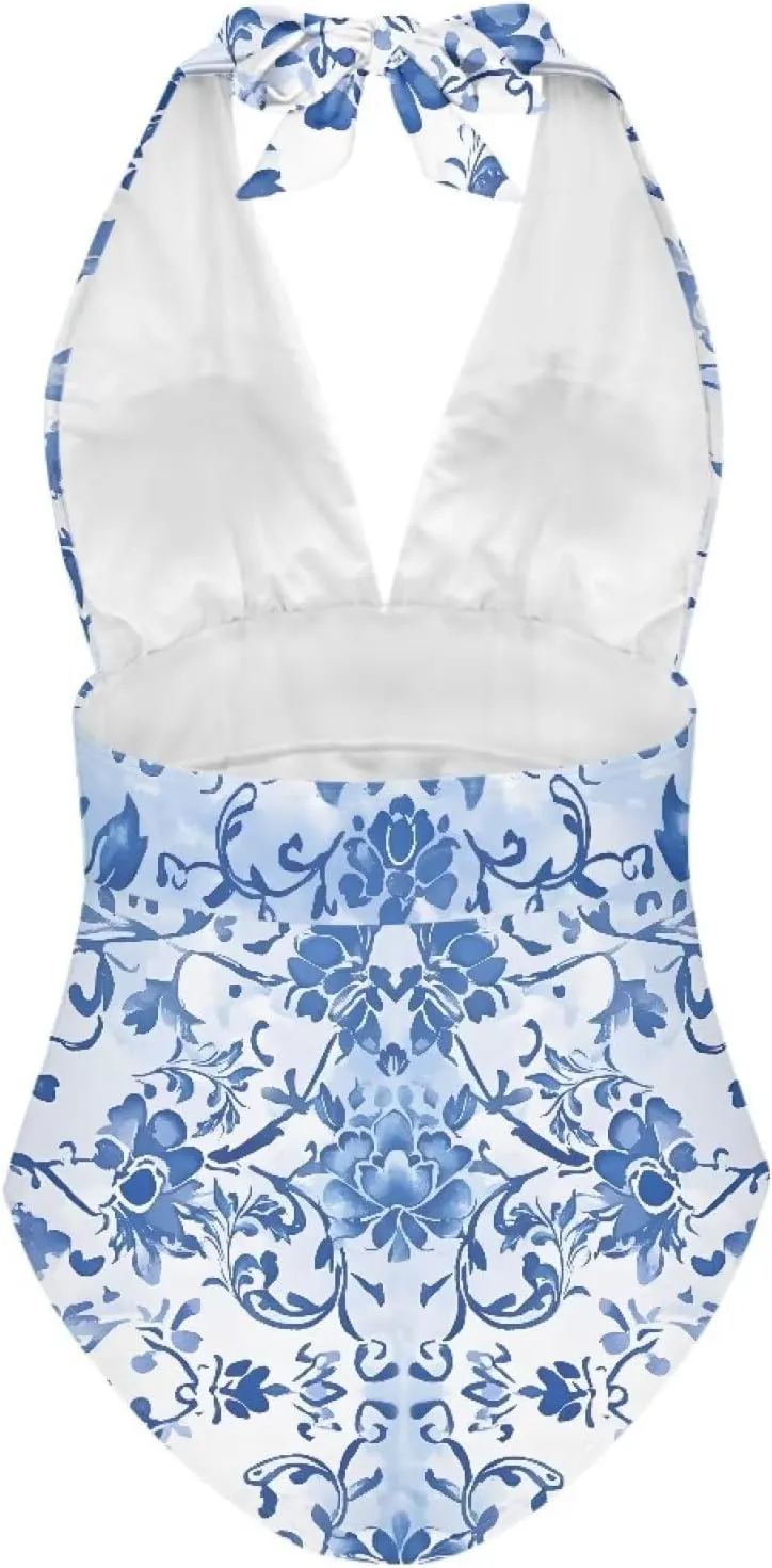 Women's One Piece Swimsuit Tummy Control V Neck Backless Bathing Suit Casual Slimming Swimwear