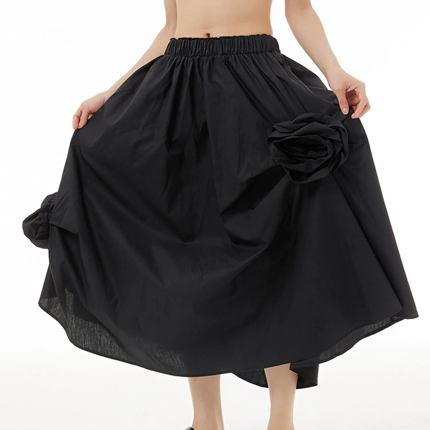 Womens Pleated Vintage Skirt Floral Applique Print A-Line Swing Midi Skirts Elastic High Waist Tiered Skirt with Pockets