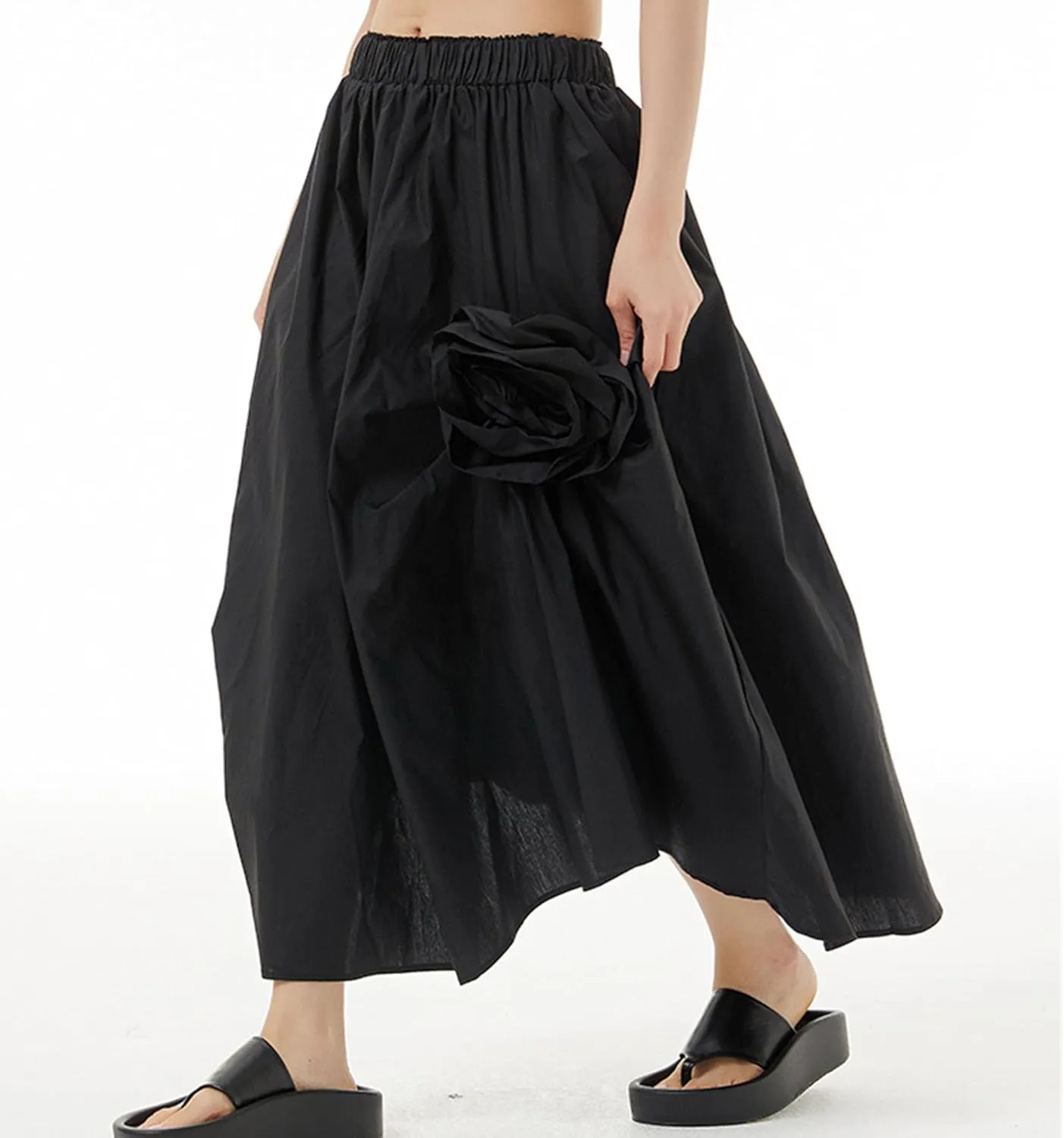 Womens Pleated Vintage Skirt Floral Applique Print A-Line Swing Midi Skirts Elastic High Waist Tiered Skirt with Pockets