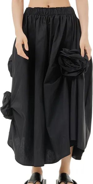Womens Pleated Vintage Skirt Floral Applique Print A-Line Swing Midi Skirts Elastic High Waist Tiered Skirt with Pockets