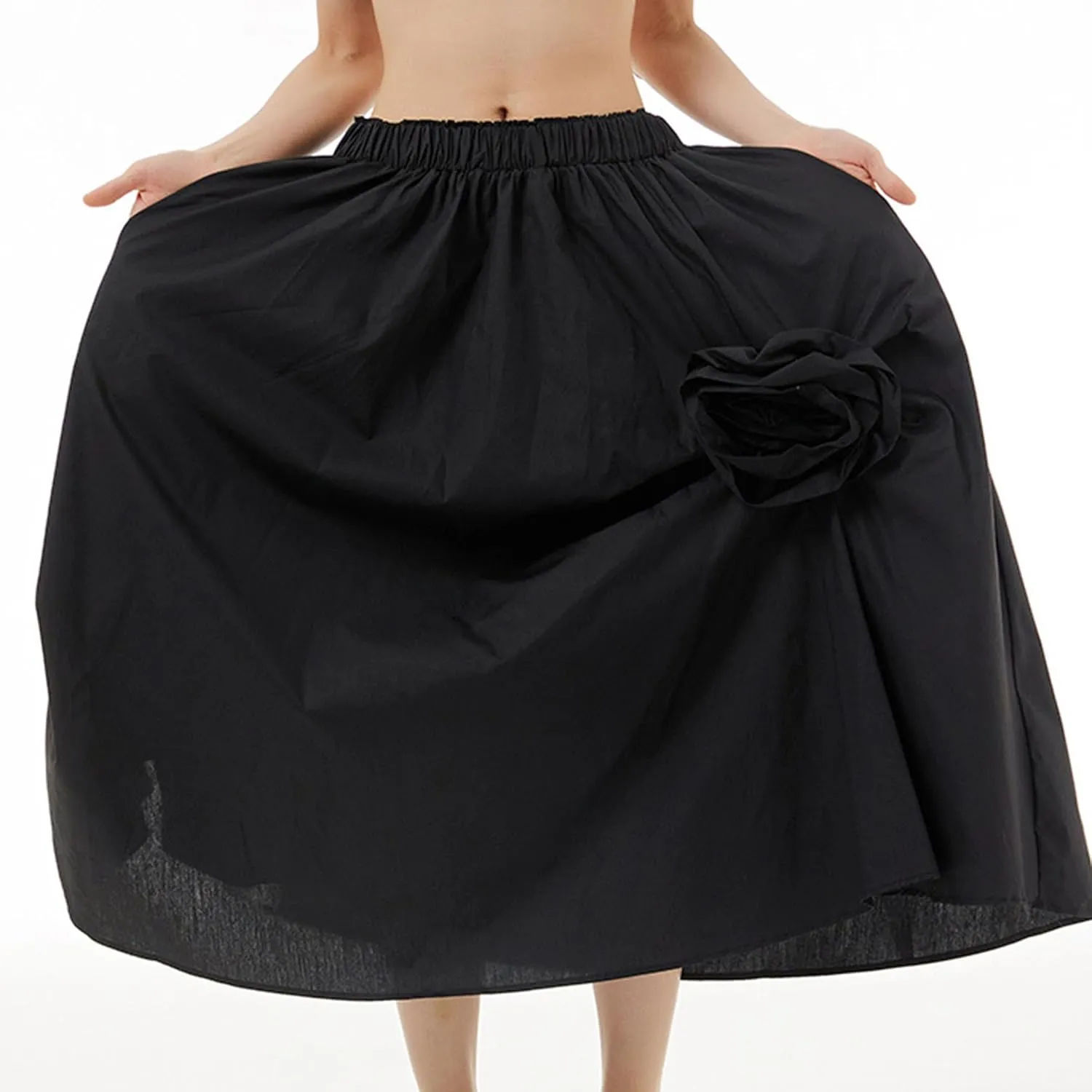 Womens Pleated Vintage Skirt Floral Applique Print A-Line Swing Midi Skirts Elastic High Waist Tiered Skirt with Pockets