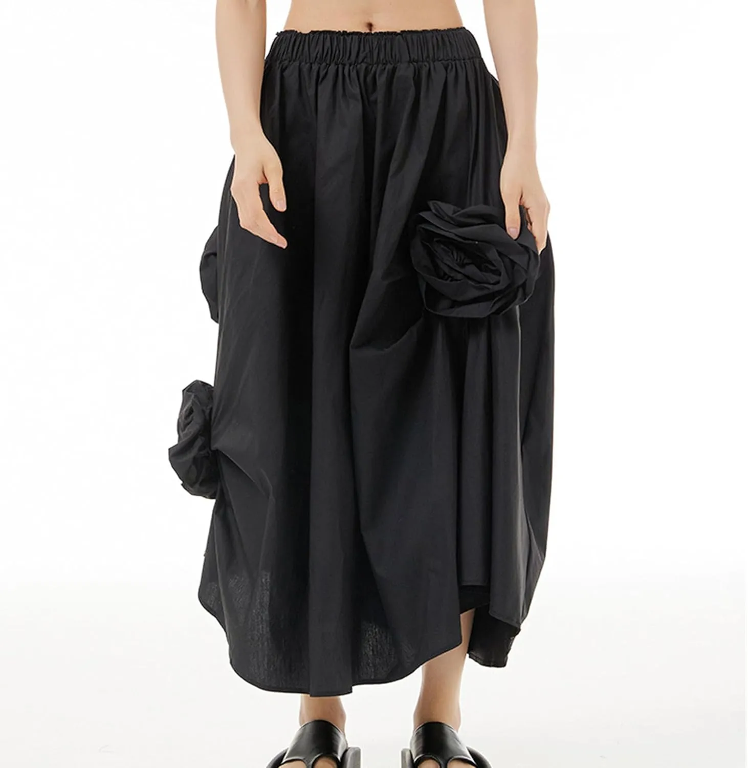 Womens Pleated Vintage Skirt Floral Applique Print A-Line Swing Midi Skirts Elastic High Waist Tiered Skirt with Pockets