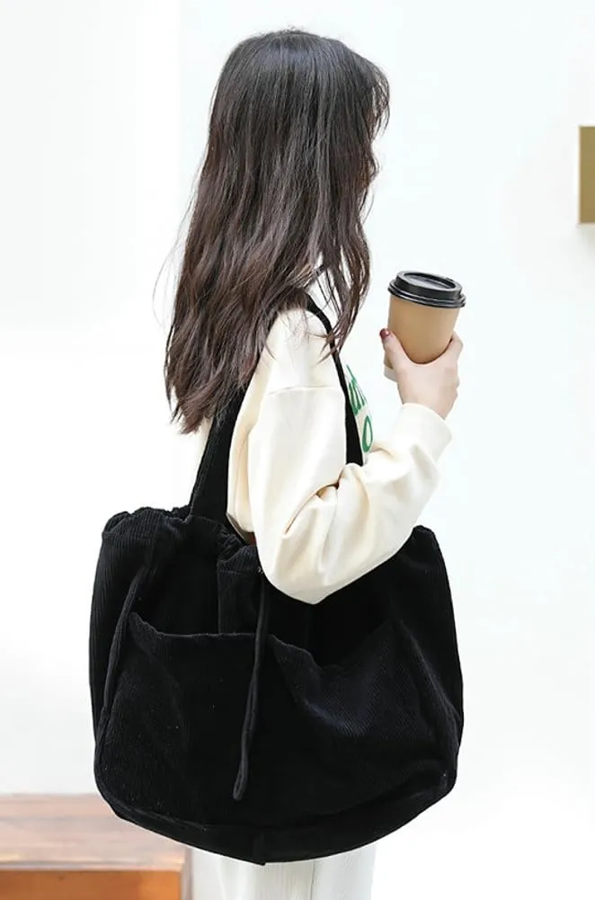 Women's Quilted Hobo Bag Corduroy Shoulder Purse Drawstring Canvas Handbag Large Totes Work Top Handle Bag
