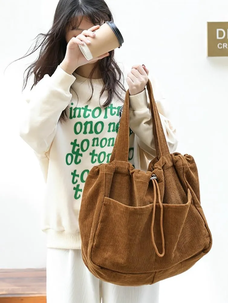 Women's Quilted Hobo Bag Corduroy Shoulder Purse Drawstring Canvas Handbag Large Totes Work Top Handle Bag
