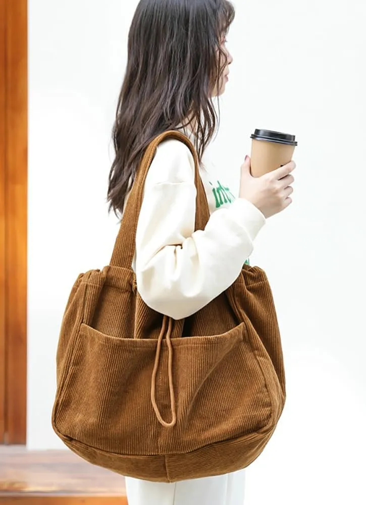 Women's Quilted Hobo Bag Corduroy Shoulder Purse Drawstring Canvas Handbag Large Totes Work Top Handle Bag