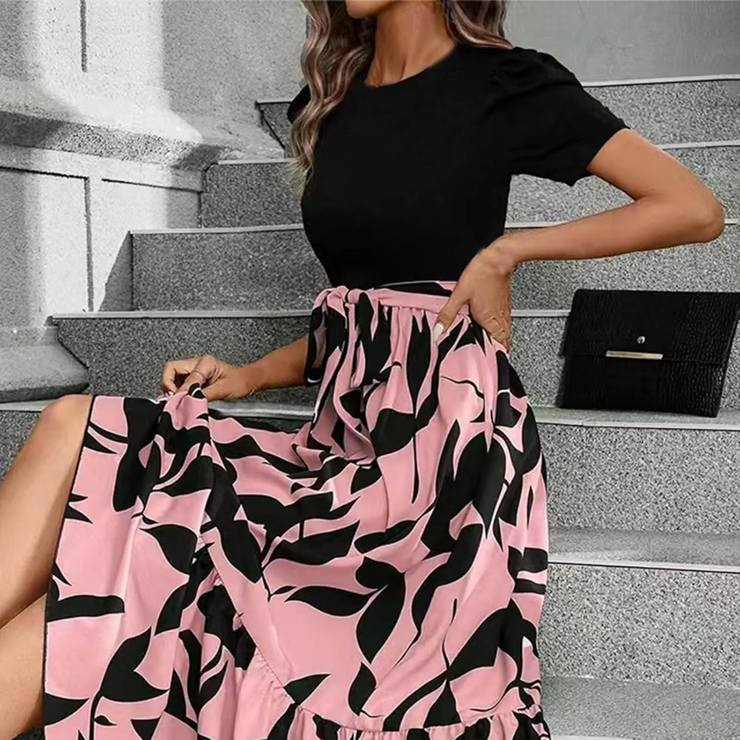 Women's Ruffle Short Sleeve Floral Printed Maxi Dress Summer Long Flowy Dresses Casual 2025 Dresses with Pockets
