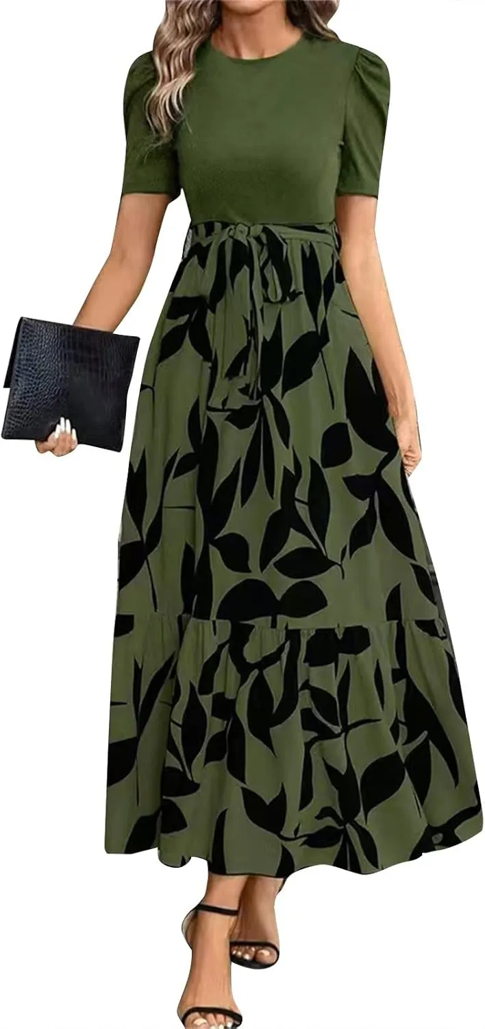 Women's Ruffle Short Sleeve Floral Printed Maxi Dress Summer Long Flowy Dresses Casual 2025 Dresses with Pockets
