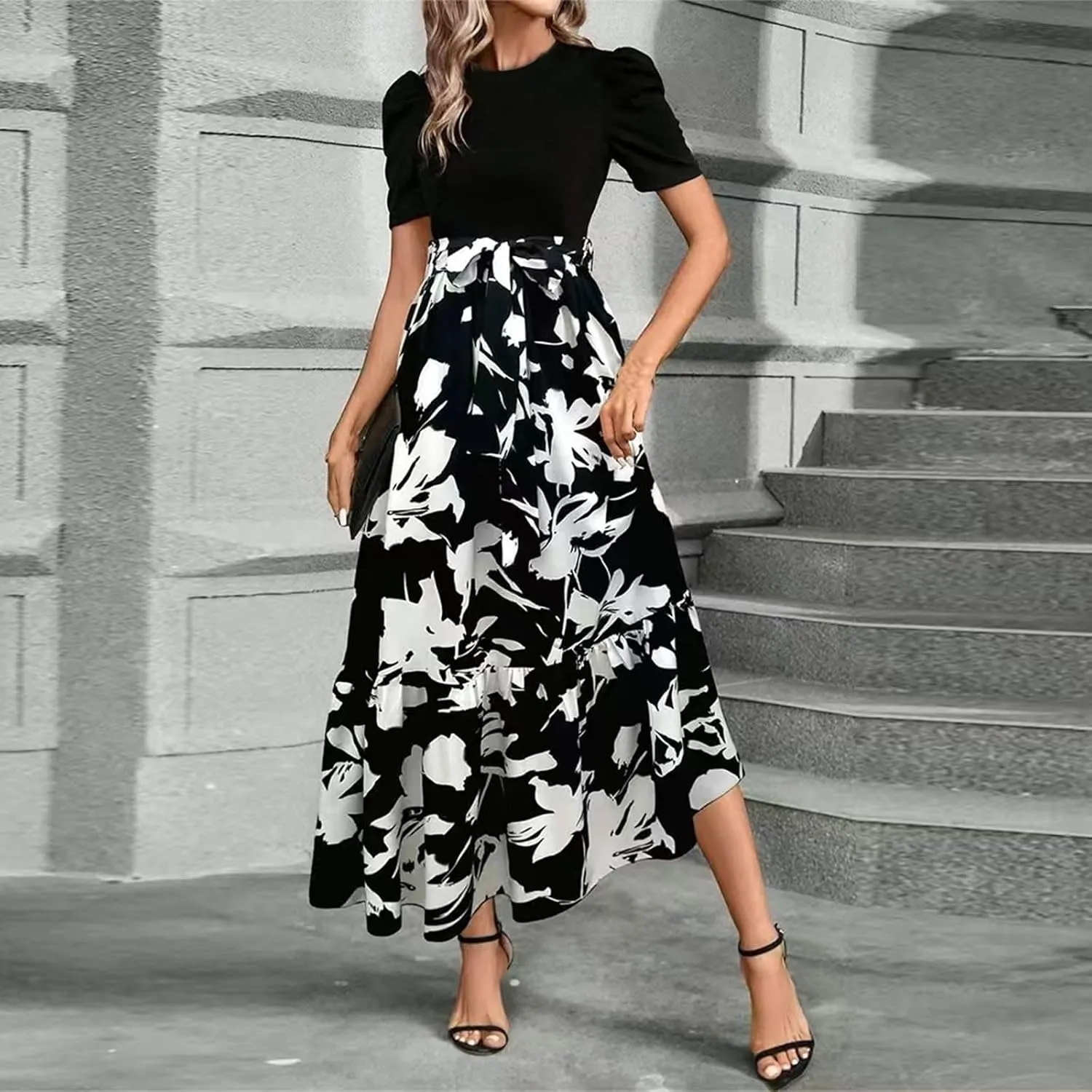Women's Ruffle Short Sleeve Floral Printed Maxi Dress Summer Long Flowy Dresses Casual 2025 Dresses with Pockets