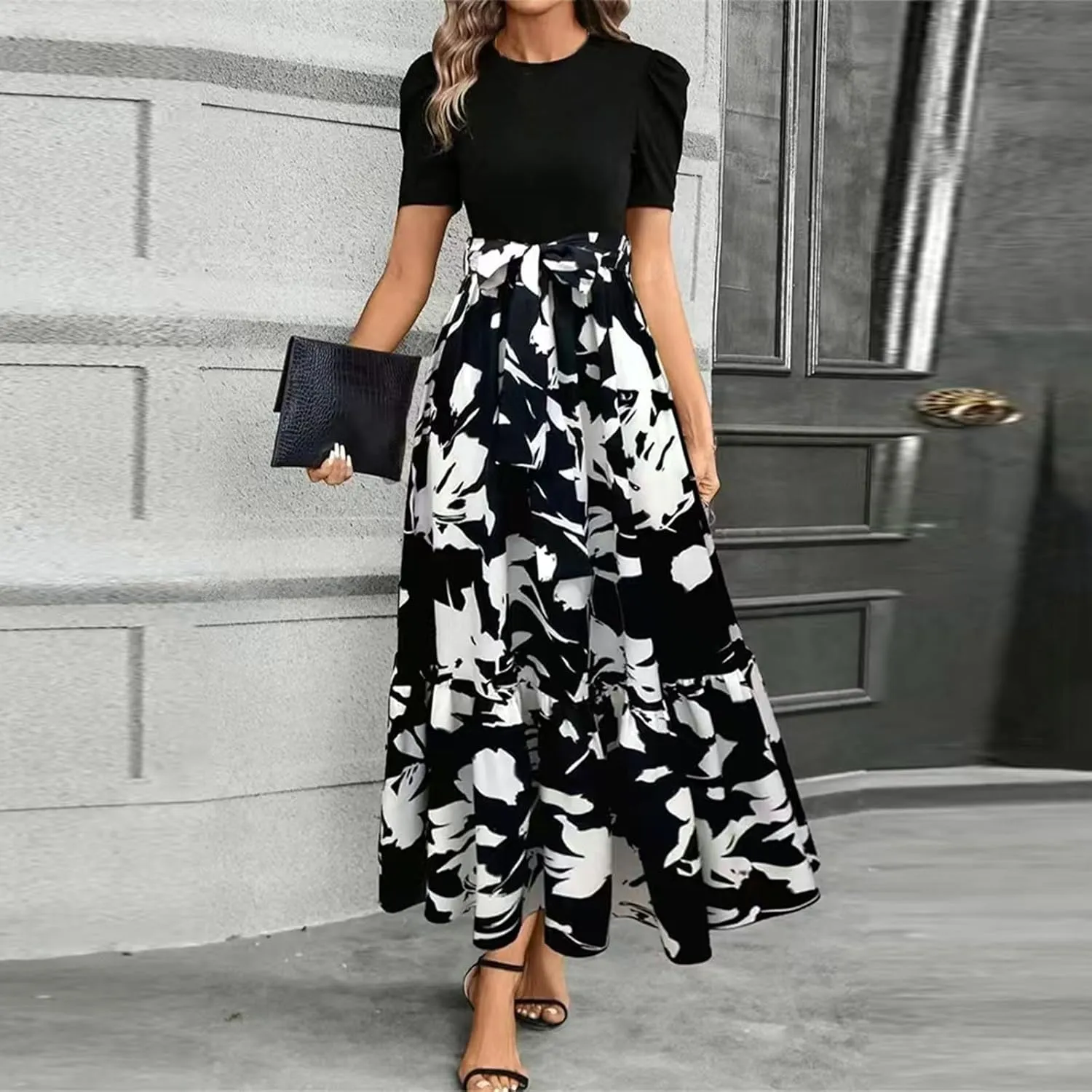 Women's Ruffle Short Sleeve Floral Printed Maxi Dress Summer Long Flowy Dresses Casual 2025 Dresses with Pockets