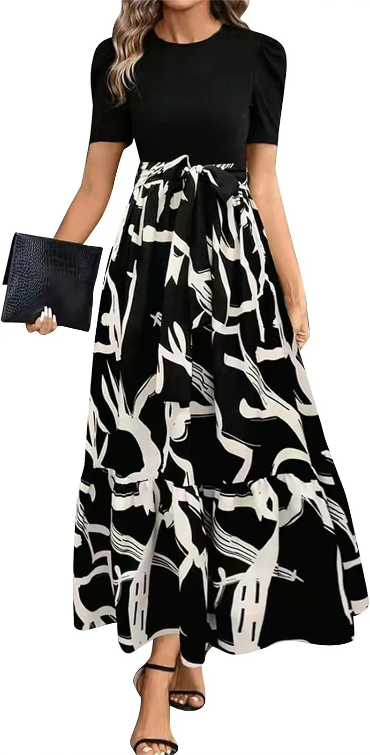 Women's Ruffle Short Sleeve Floral Printed Maxi Dress Summer Long Flowy Dresses Casual 2025 Dresses with Pockets