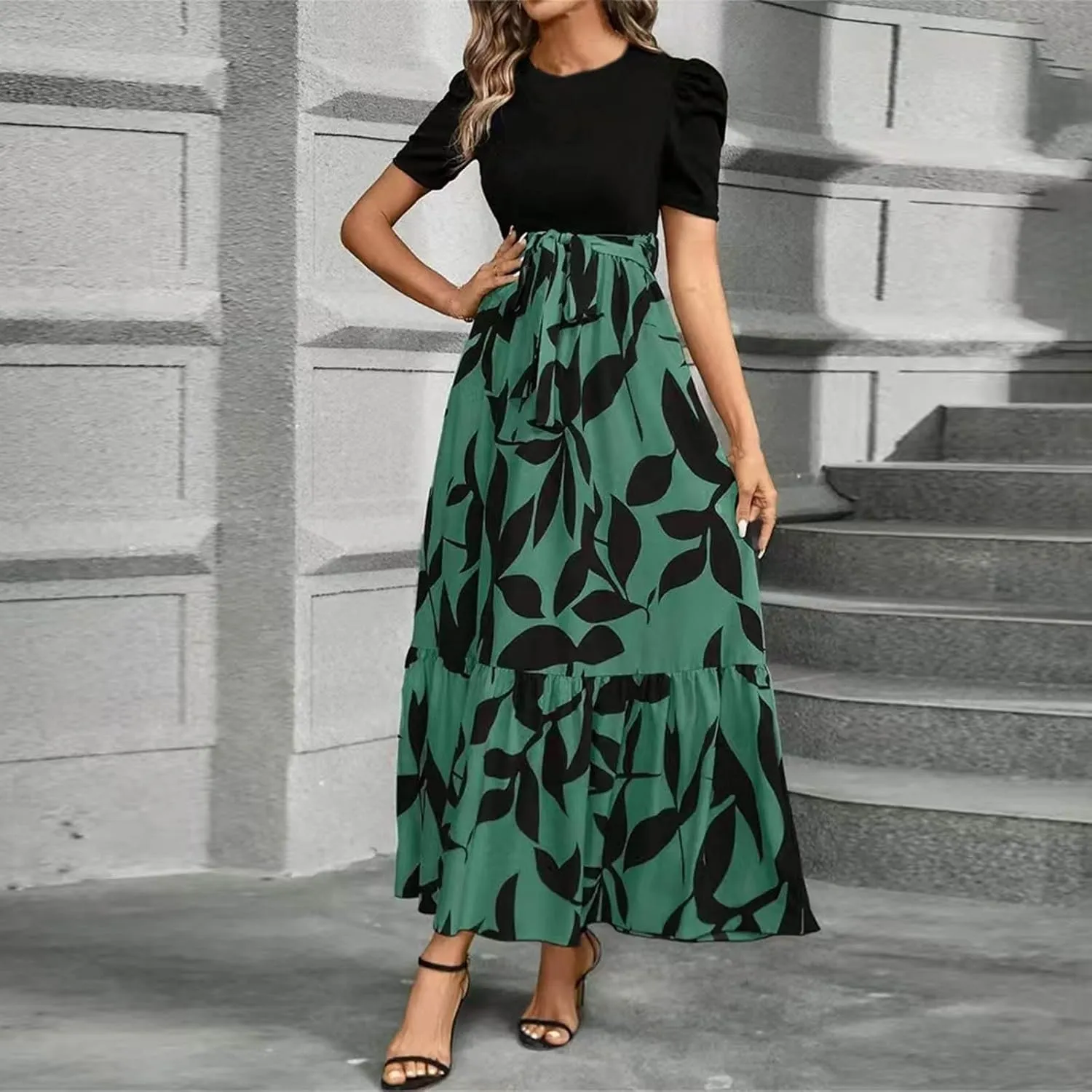 Women's Ruffle Short Sleeve Floral Printed Maxi Dress Summer Long Flowy Dresses Casual 2025 Dresses with Pockets