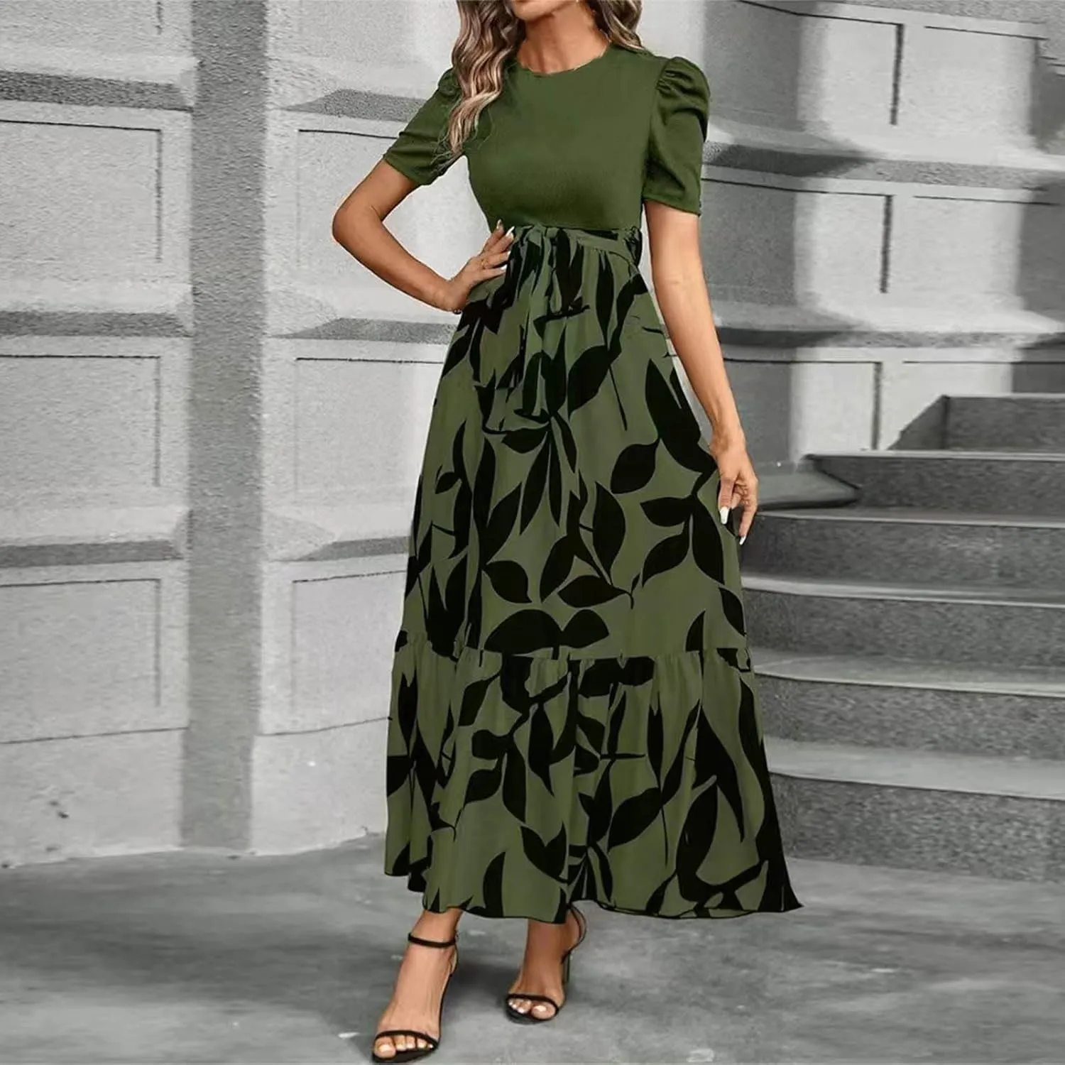 Women's Ruffle Short Sleeve Floral Printed Maxi Dress Summer Long Flowy Dresses Casual 2025 Dresses with Pockets