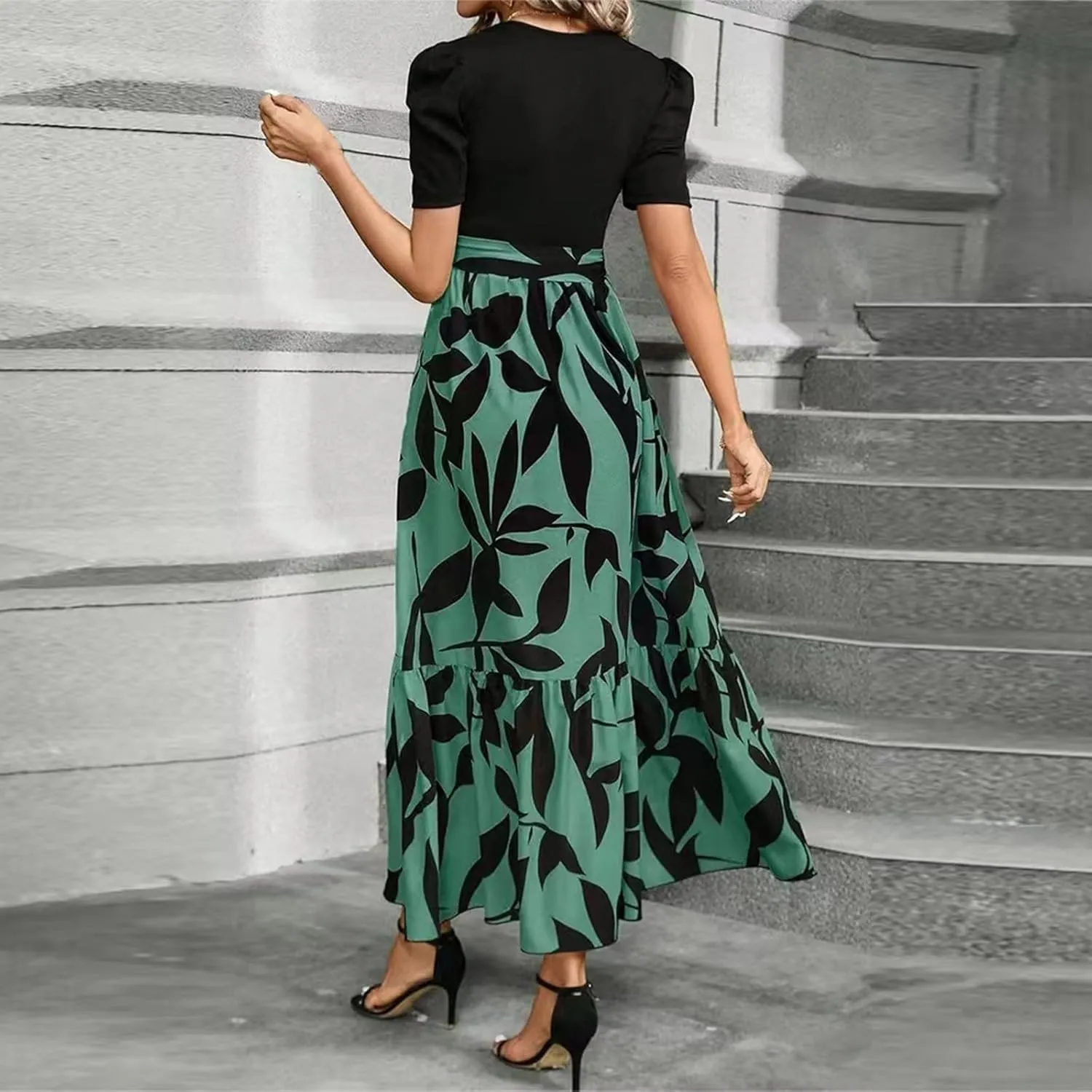 Women's Ruffle Short Sleeve Floral Printed Maxi Dress Summer Long Flowy Dresses Casual 2025 Dresses with Pockets